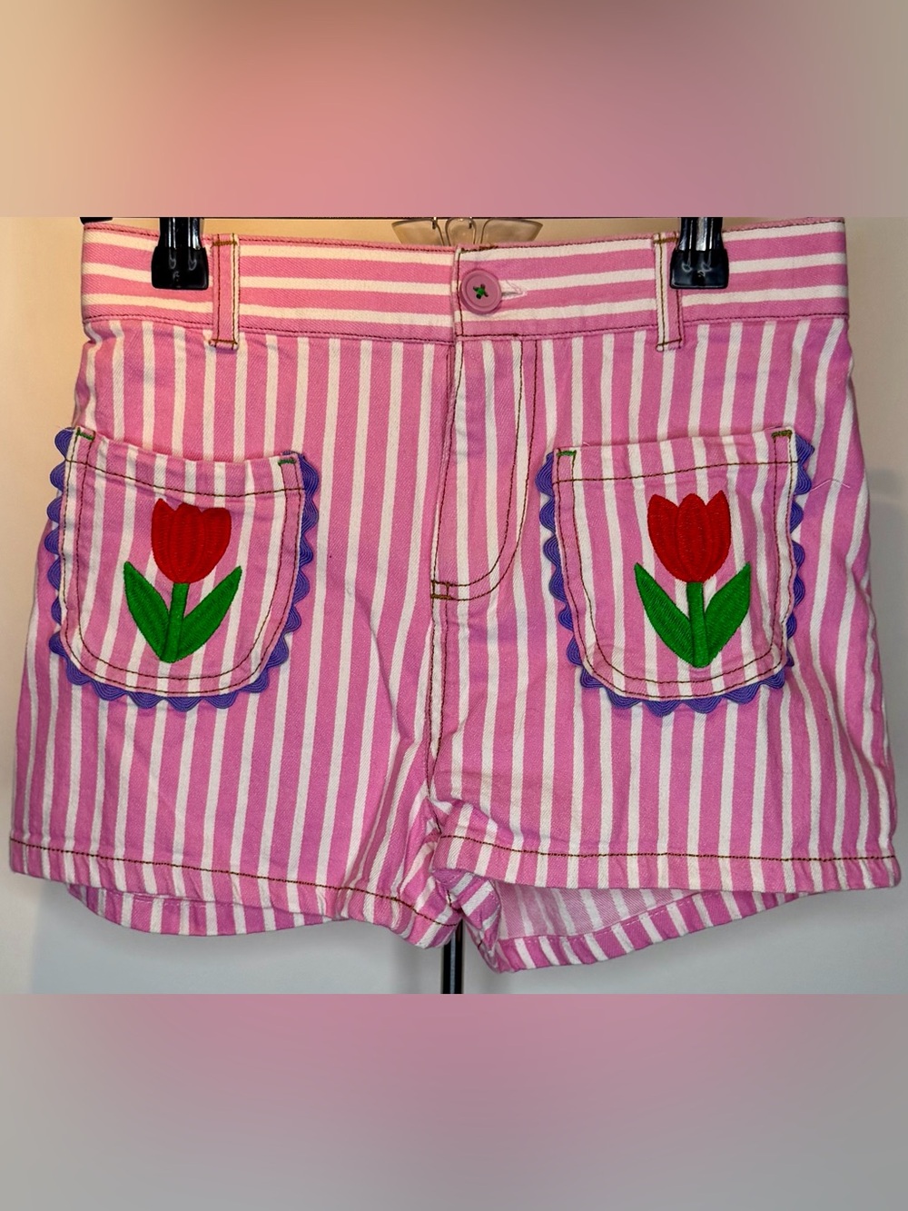 Mini Boden Girl’s Ric Rac Patch Pocket Shorts in “Pink Ticking Stripe